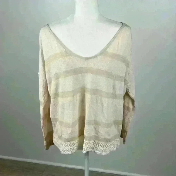 Free People Tan V-Neck Long Sleeve Top Size M - Picture 1 of 11
